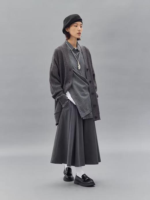 步履不停/4C11203C/复古黑灰色格纹休闲长款衬衫 商品图3