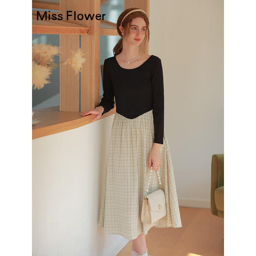 勿忘花黑色气质针织假两件连衣裙女2024秋季新款长袖内搭打底裙子 商品图1