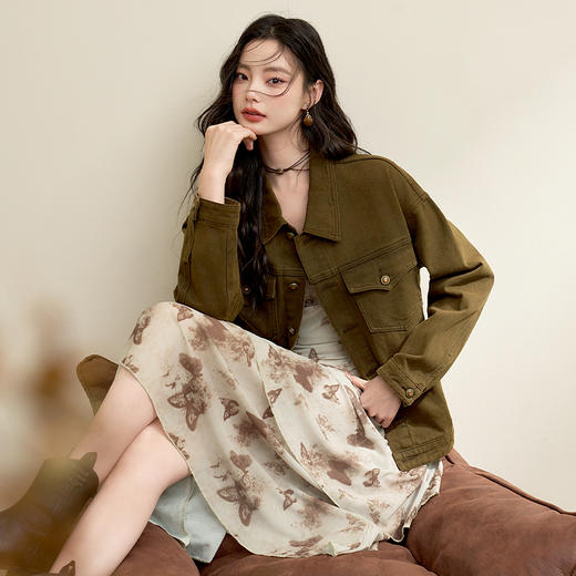 西遇咖色牛仔外套女新款宽松美式复古工装翻领水洗夹克13542553 商品图0