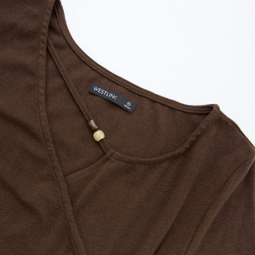 西遇咖色长袖连衣裙女新款V领串珠镂空领口修身长裙13542550 商品图5