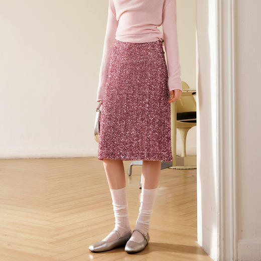 OLrain欧芮儿粉色半身裙女秋季2024年新款时尚流光珠片中长款半裙 商品图3