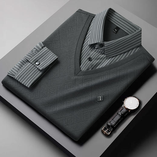 【假两件】【新款DSZ】大依优型大码假两件长袖T恤衬衫领加肥加大肥佬休闲商务宽松透气上衣打底 商品图1