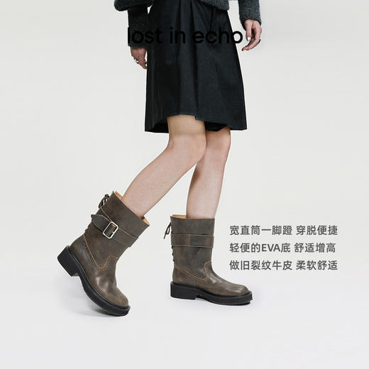 lost in echo2024秋冬新款时尚圆头扣饰厚底机车靴皮靴中筒靴子女 商品图1
