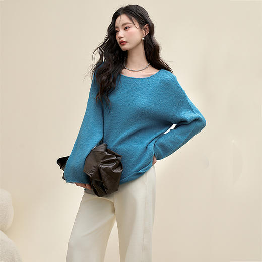 绵羊毛慵懒风针织衫女大圆领落肩袖宽松毛衣V3742603 商品图4