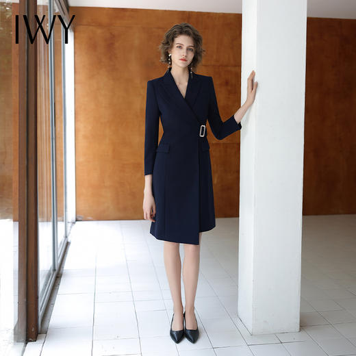 IWY/藏青色女秋季不规则连衣裙气质大学生教师工作服通勤OL西装裙单件Q13307-E 商品图1