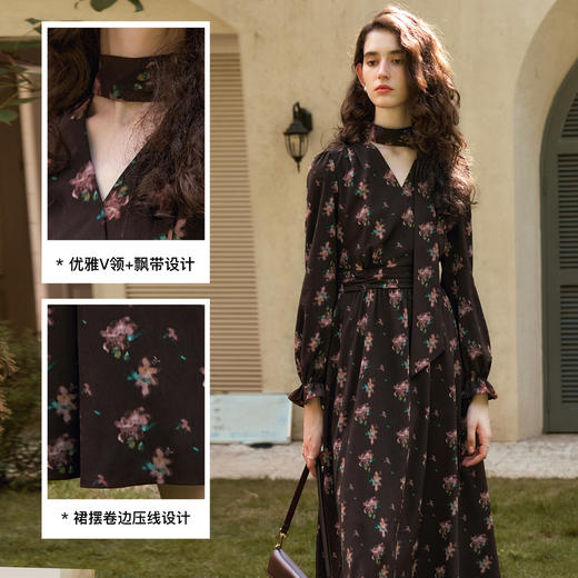 
OLrain欧芮儿法式收腰连衣裙女秋季2024年新款茶歇印花V领长裙 商品图4