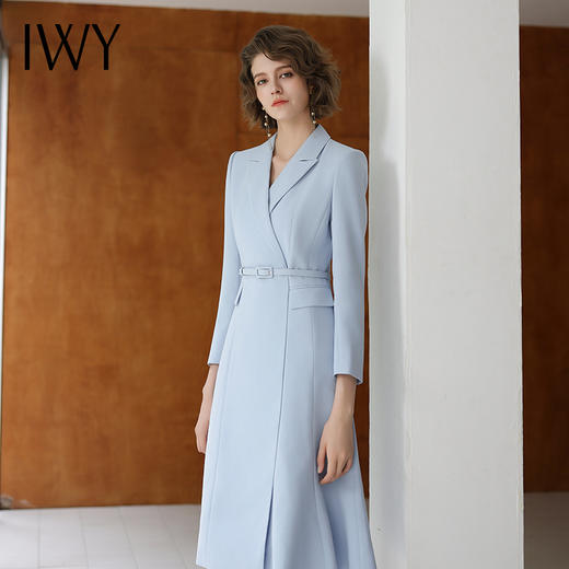 IWY/蓝色连衣裙女秋冬名媛知性职业西装裙修身显瘦艺考面试工作Q14302 商品图2