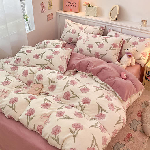 占姆士奥莱款【牛奶绒四件套】秋冬加厚小清新法莱绒床单 床笠被套三件套 床上用品 商品图12