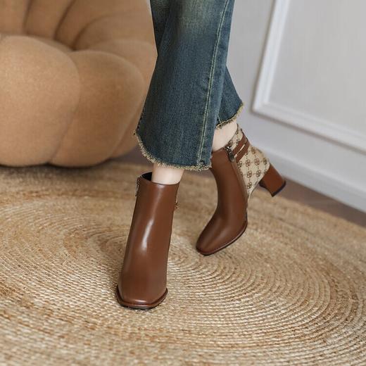 【预售5天】方头复古拼色短靴女法式高跟秋冬新款皮带扣粗跟时装皮靴MGCJ&9229 商品图2