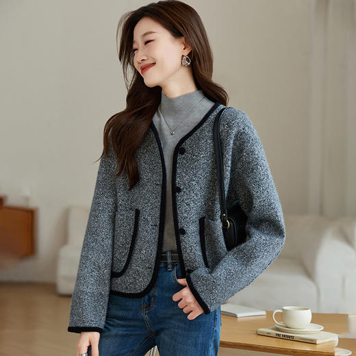 CC-J882圆领正肩短款呢子羊毛大衣女2024春秋韩版宽松气质小香风毛呢外套 商品图0