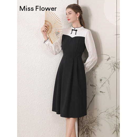 勿忘花黑色新中式改良旗袍连衣裙女装2024秋季新款气质假两件裙子 商品图1