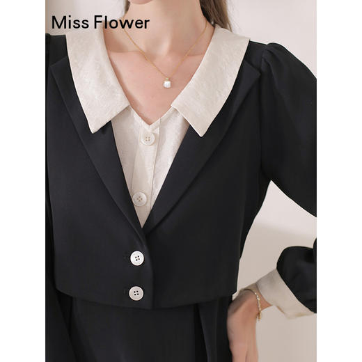 勿忘花黑色气质假两件连衣裙女装2024秋季新款遮肚子高腰显瘦裙子 商品图3