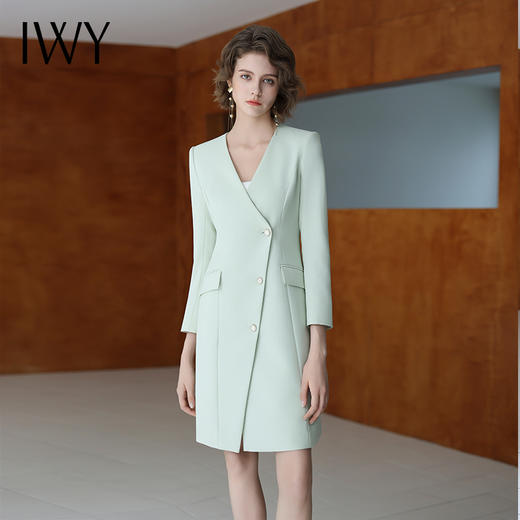 IWY/新款简约干练绿色连衣裙女设计感长袖V领职业西装裙名媛女总裁工Q13303  商品图1