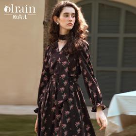 
OLrain欧芮儿法式收腰连衣裙女秋季2024年新款茶歇印花V领长裙