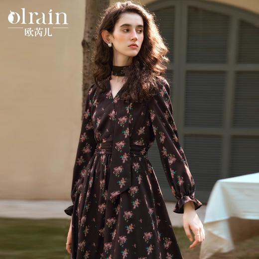 
OLrain欧芮儿法式收腰连衣裙女秋季2024年新款茶歇印花V领长裙 商品图0