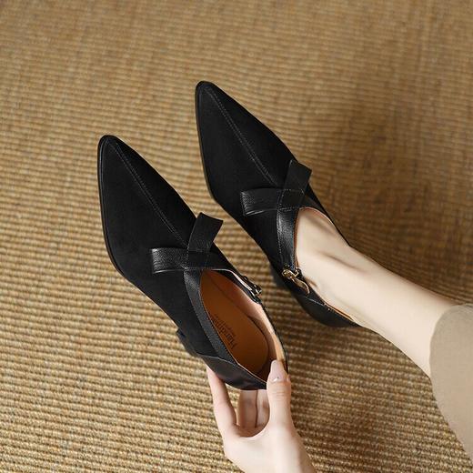 【预售5天】羊反皮女鞋秋冬季新款鞋子尖头粗跟高跟鞋磨砂窝窝鞋裸靴深口单鞋LD&6880 商品图3