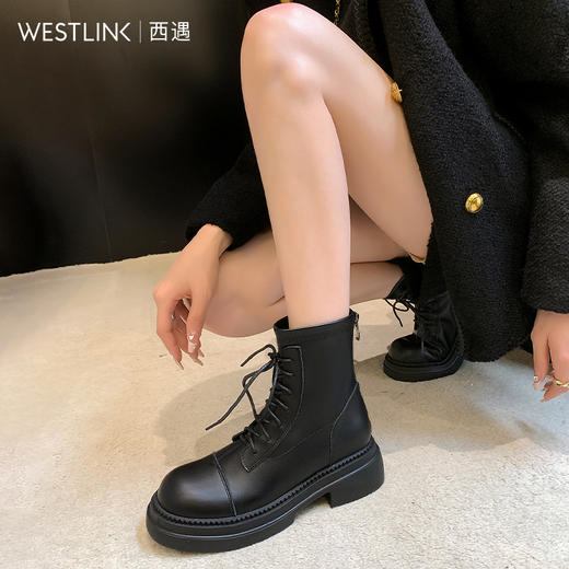 西遇显脚小马丁靴女新款秋冬英伦黑色百搭系带厚底短靴瘦瘦靴SS248565 商品图1