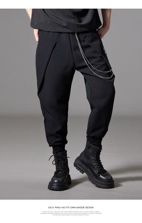 PINLI品立秋季新款宽松束脚九分裤男士潮牌个性黑色休闲裤子B243117051