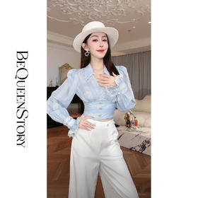 BeQueenStory【初吻玫瑰】设计感蕾丝花边烫钻收腰蓝色条纹衬衫