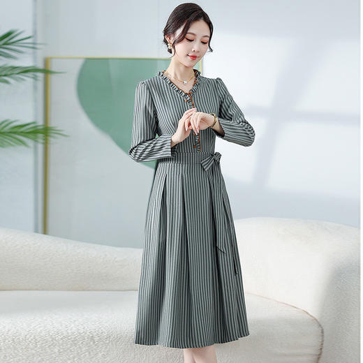 QYM 6481-Y条纹连衣裙收腰系带木耳边时尚连衣裙 商品图1