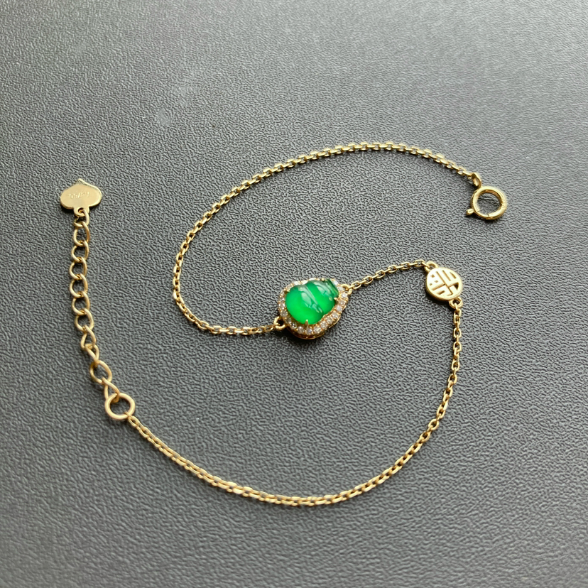 高冰种阳绿翡翠葫芦手链18k黄金钻石镶嵌