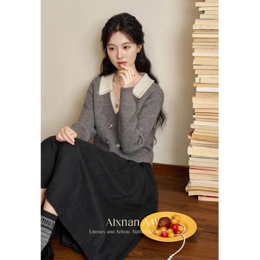 鹿向南「甜系珍妮弗」灰色假两件毛衣女2025秋冬慵懒风针织衫上衣 商品图4