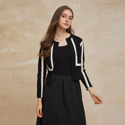 PG637斯尔丽2024新款小香风开衫搭配无袖连衣裙真两件撞色套装针织裙 商品图6