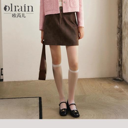 
OLrain欧芮儿摩卡色半身裙女秋季2024年新款复古麂皮印染A字短裙 商品图0