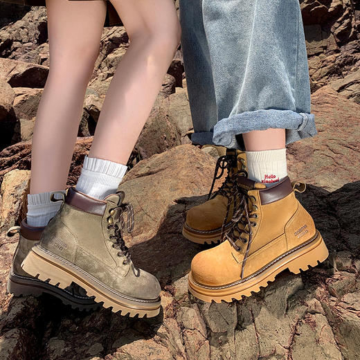 经典鲨2024年冬新款时尚圆头拼色潮酷系带平底短筒马丁靴女KW182-D58101 商品图1