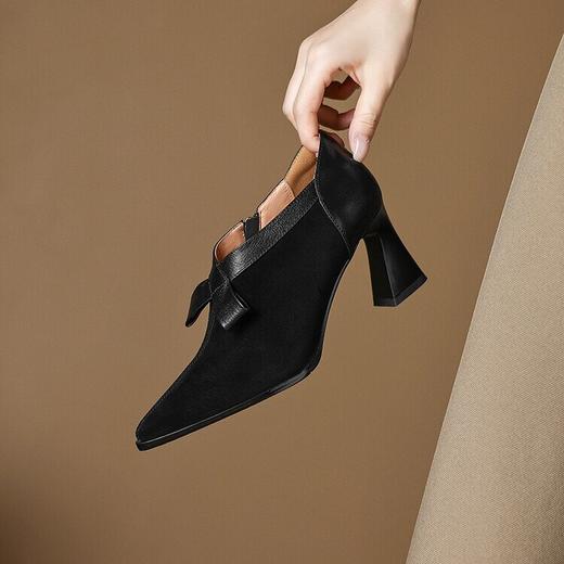 【预售5天】羊反皮女鞋秋冬季新款鞋子尖头粗跟高跟鞋磨砂窝窝鞋裸靴深口单鞋LD&6880 商品图1