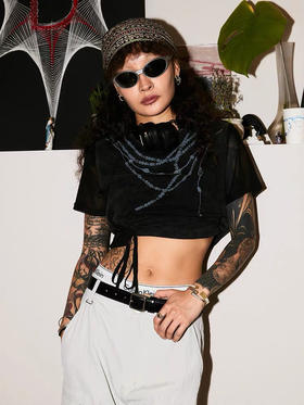 珠链印花拼接T恤