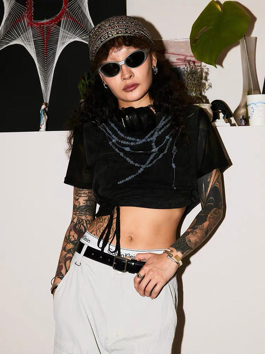 珠链印花拼接T恤 商品图0