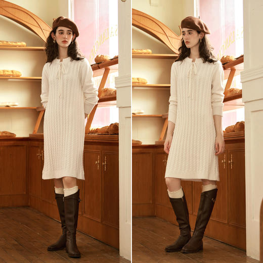 OLrain欧芮儿法式杏白色连衣裙女秋季2024年新款麻花中长款针织裙 商品图1