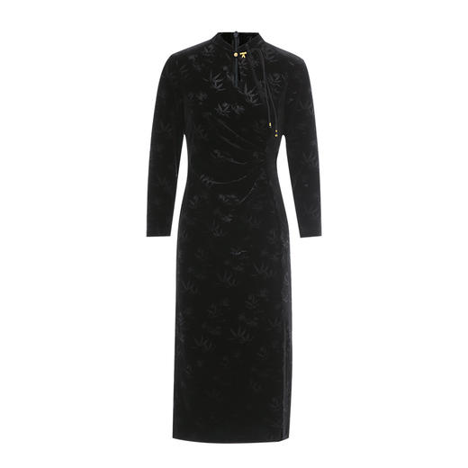 EITIE爱特爱秋季新款新中式改良旗袍暗纹黑色开叉显瘦连衣裙C2407428 商品图5