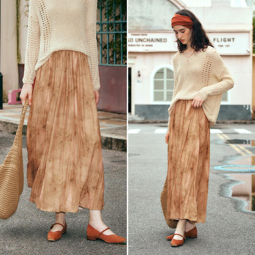 OLrain欧芮儿高腰半身裙女秋季2024年新款设计感印染度假风伞裙 商品图1