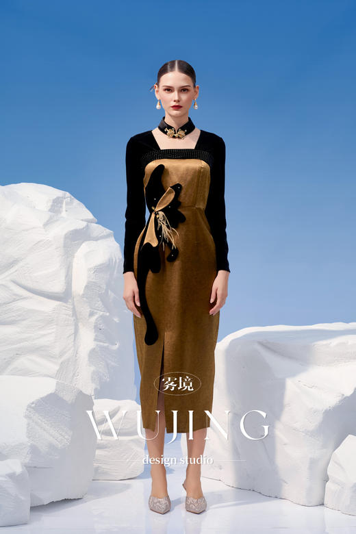 4202051 古潼怀金 进口双色醋酸连衣裙 雾境 商品图3