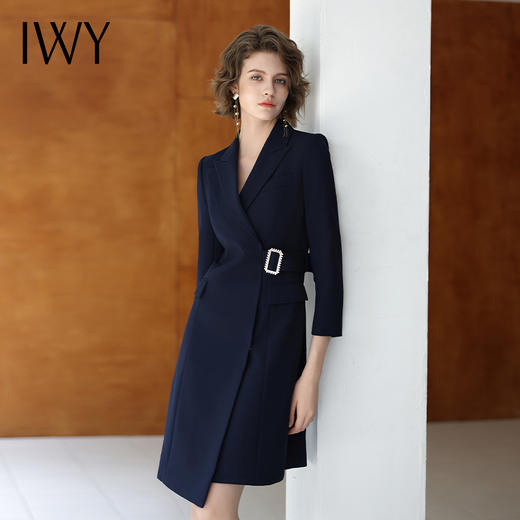 IWY/藏青色女秋季不规则连衣裙气质大学生教师工作服通勤OL西装裙单件Q13307-E 商品图2
