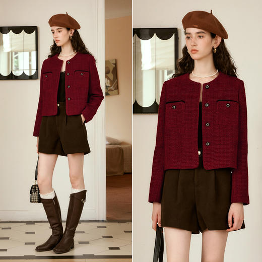 OLrain欧芮儿红色小香风短外套女秋季2024年新款通勤复古圆领上衣 商品图1