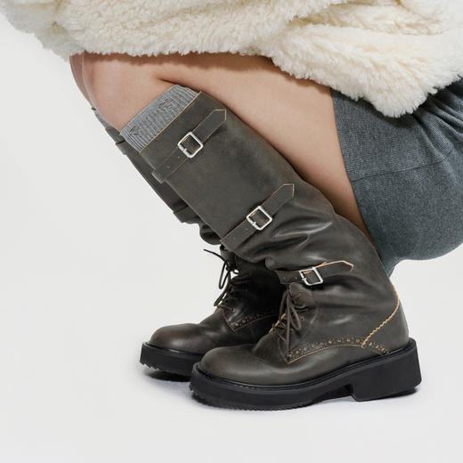 lost in echo2024秋冬新款美拉德圆头宽筒绑带棕色长筒靴骑士靴女 商品图2