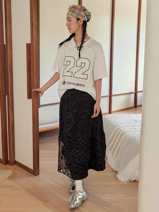 哑光缎面压皱定制蕾丝刺绣开叉半裙 商品图3