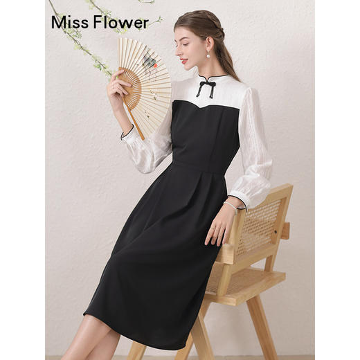 勿忘花黑色新中式改良旗袍连衣裙女装2024秋季新款气质假两件裙子 商品图3