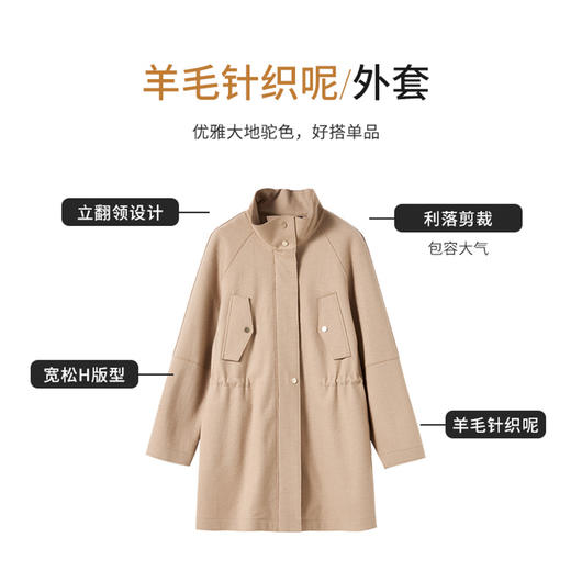 【商场同款】CNJ4978“随性风衣外套”气质卡其色  羊毛针织呢外套 松弛H版型 立翻领设计 干练利落 腰部抽绳 通勤风衣 商品图6