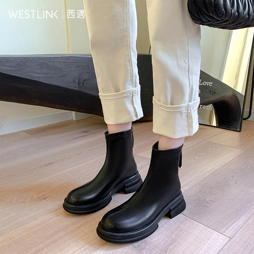 西遇圆头短靴女新款秋冬法式单靴切尔西靴黑色厚底弹力瘦瘦靴V0047788 商品图1