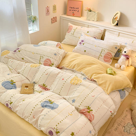 占姆士奥莱款【牛奶绒四件套】秋冬加厚小清新法莱绒床单 床笠被套三件套 床上用品 商品图9