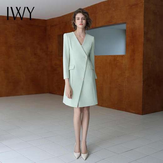 IWY/新款简约干练绿色连衣裙女设计感长袖V领职业西装裙名媛女总裁工Q13303  商品图0