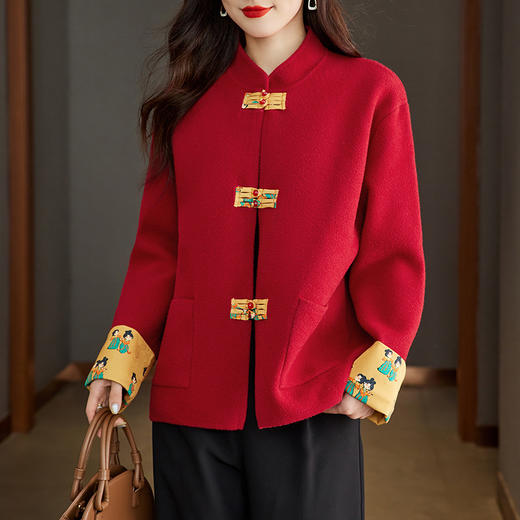 CC-22-101短款毛呢中式国风外套女春秋2024新款厚款喜婆婆红色开衫外搭 商品图0