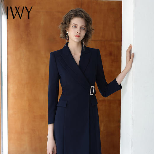 IWY/藏青色女秋季不规则连衣裙气质大学生教师工作服通勤OL西装裙单件Q13307-E 商品图4