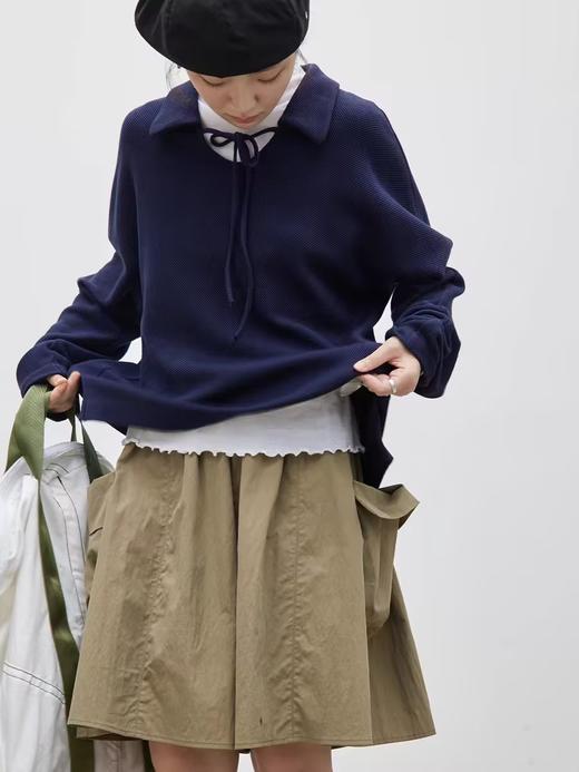 步履不停/4C15076C/U型翻领系带蝙蝠袖长袖T恤 商品图0