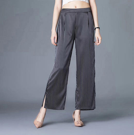 丁摩 纯色真丝条纹裤女士高腰休闲裤透气老板裤桑蚕丝裤20-144条纹DS399 商品图2