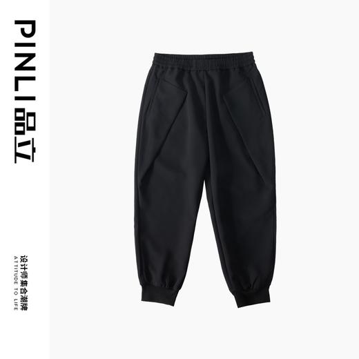 PINLI品立秋季新款宽松束脚九分裤男士潮牌个性黑色休闲裤子B243117051 商品图4